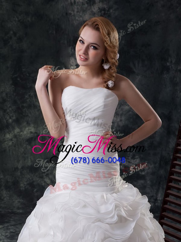 wholesale stunning fabric with rolling flowers ruffles and ruching bridal gown white lace up sleeveless brush train