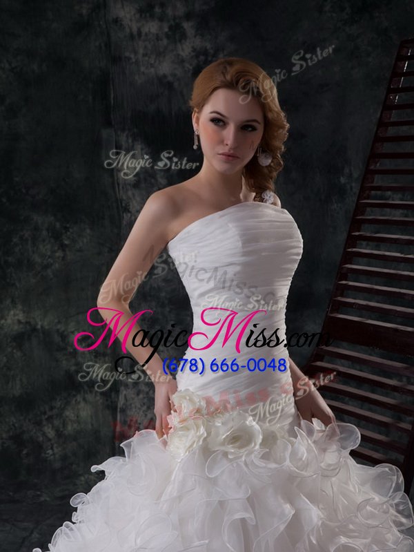 wholesale amazing organza strapless sleeveless brush train lace up ruffles and ruching wedding dress in white