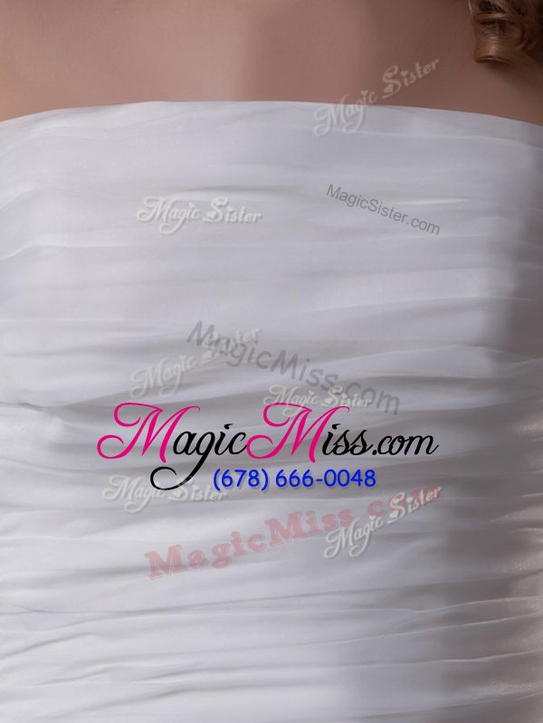 wholesale amazing organza strapless sleeveless brush train lace up ruffles and ruching wedding dress in white