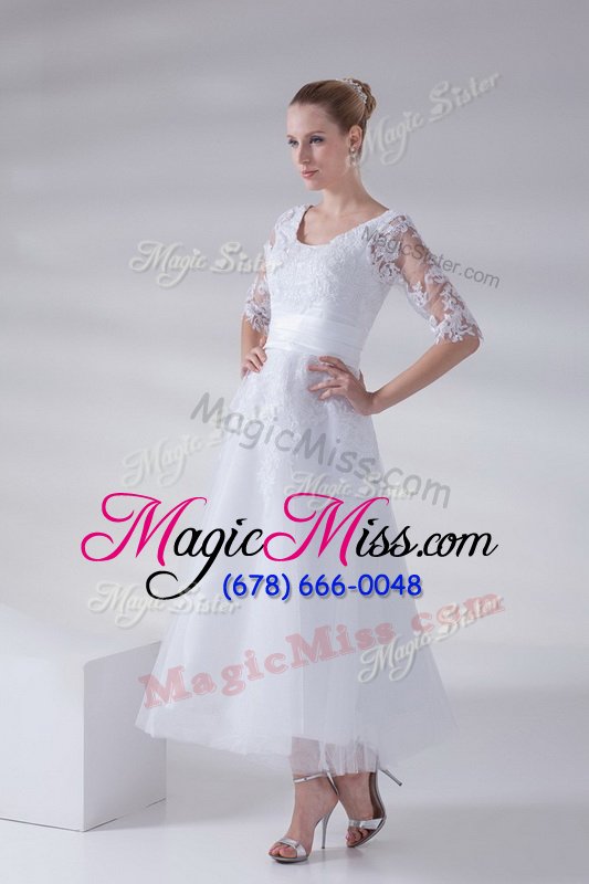 wholesale affordable white a-line tulle and lace scoop sleeveless lace and appliques ankle length lace up wedding dress