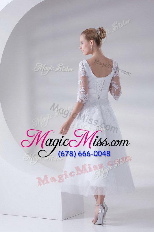 wholesale affordable white a-line tulle and lace scoop sleeveless lace and appliques ankle length lace up wedding dress