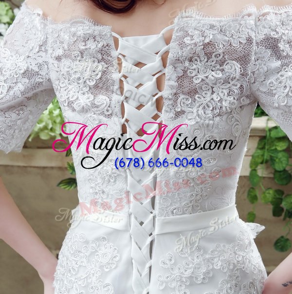 wholesale dynamic off the shoulder lace up wedding gown white and in for wedding party with lace and appliques and bowknot court train