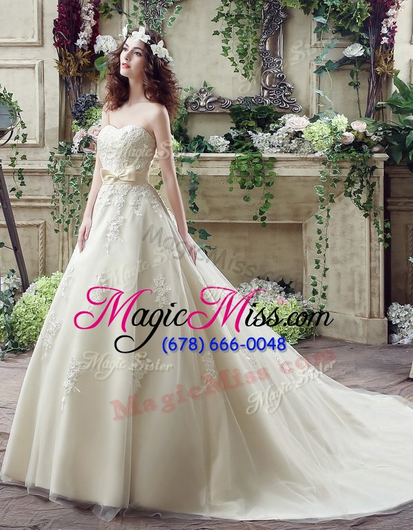 wholesale decent champagne a-line tulle sweetheart sleeveless lace and appliques and bowknot lace up wedding gowns court train