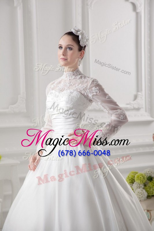 wholesale glittering high-neck long sleeves wedding dresses sweep train lace white lace