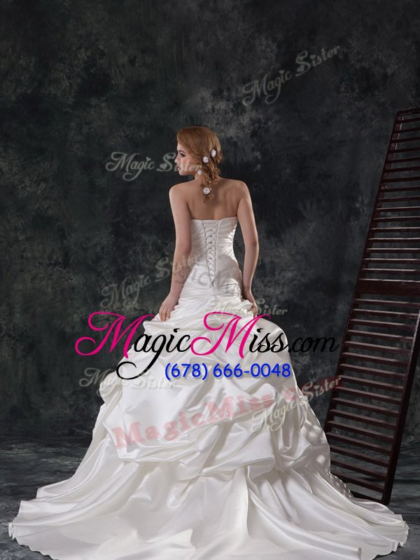 wholesale sexy mermaid sleeveless taffeta brush train lace up wedding gowns in white for with beading and ruching and pick ups