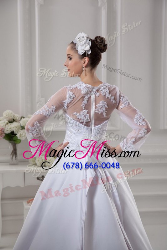 wholesale fantastic scalloped long sleeves satin wedding gown lace court train zipper