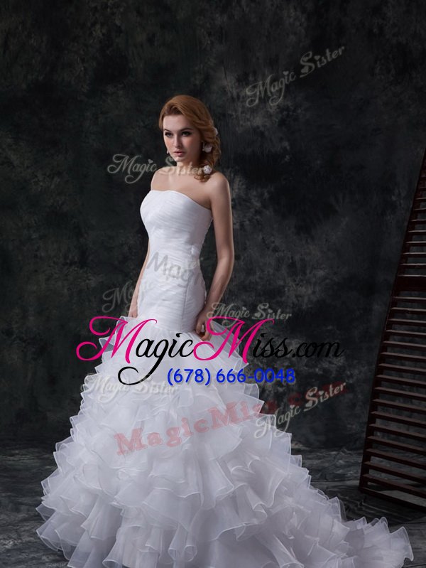 wholesale luxurious mermaid sleeveless organza brush train lace up wedding gown in white for with ruffles and ruching