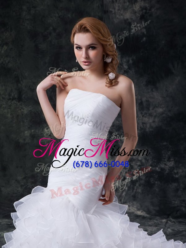 wholesale luxurious mermaid sleeveless organza brush train lace up wedding gown in white for with ruffles and ruching