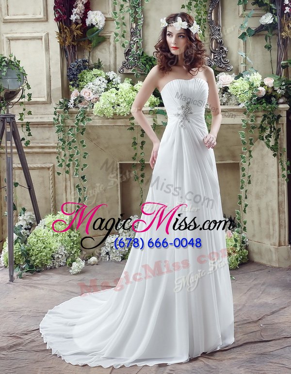 wholesale decent white chiffon lace up wedding gown sleeveless brush train beading and appliques and ruching