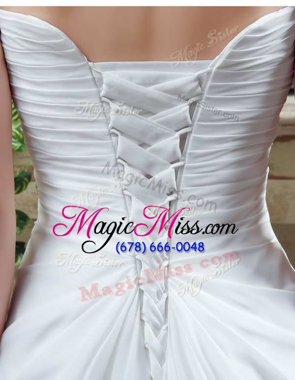 wholesale decent white chiffon lace up wedding gown sleeveless brush train beading and appliques and ruching