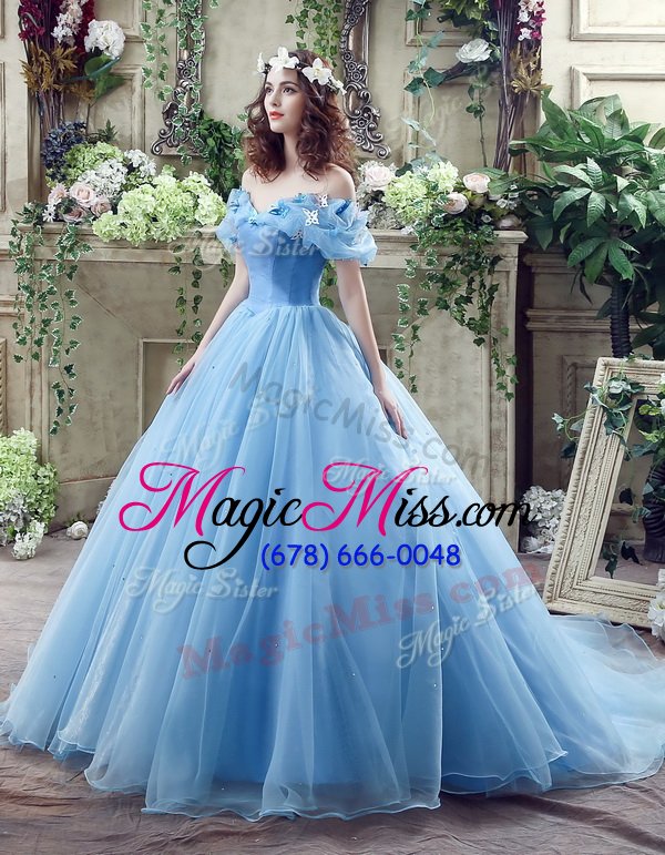 wholesale popular off the shoulder blue sleeveless organza lace up wedding gowns for wedding party