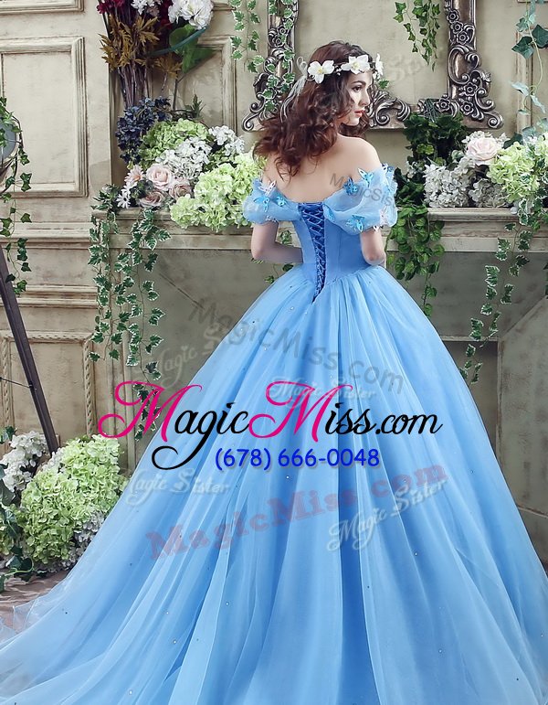 wholesale popular off the shoulder blue sleeveless organza lace up wedding gowns for wedding party