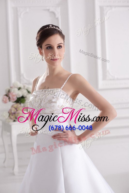 wholesale customized with train white wedding gown spaghetti straps sleeveless brush train zipper
