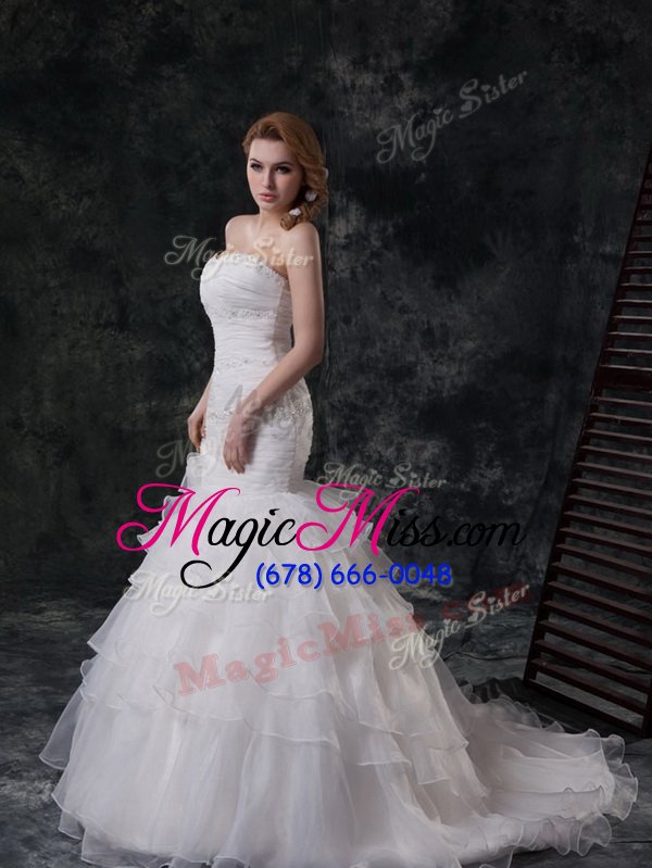 wholesale eye-catching mermaid white sweetheart lace up beading and ruffled layers bridal gown sleeveless