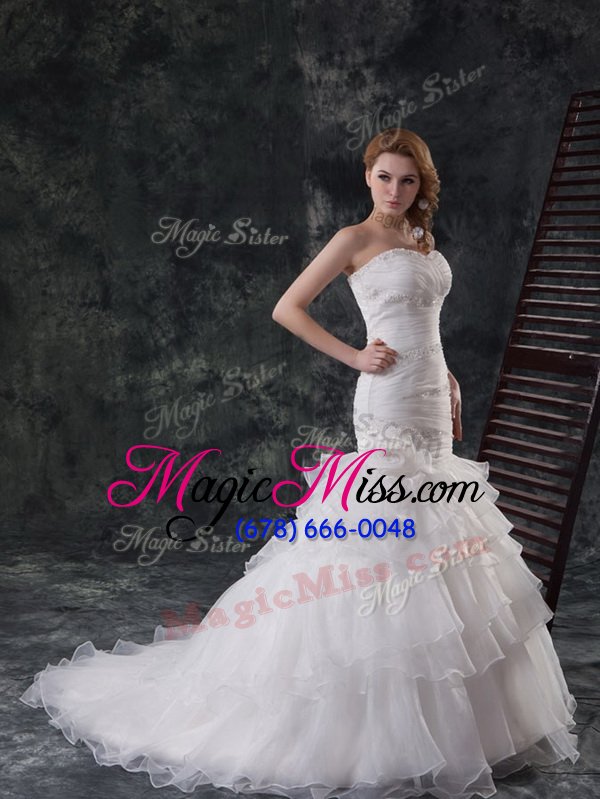 wholesale eye-catching mermaid white sweetheart lace up beading and ruffled layers bridal gown sleeveless