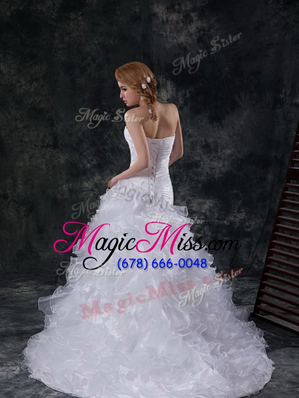 wholesale smart sleeveless brush train lace up with train beading and appliques and ruffles wedding gown