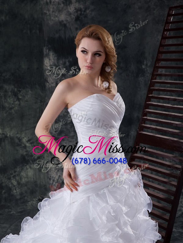 wholesale smart sleeveless brush train lace up with train beading and appliques and ruffles wedding gown
