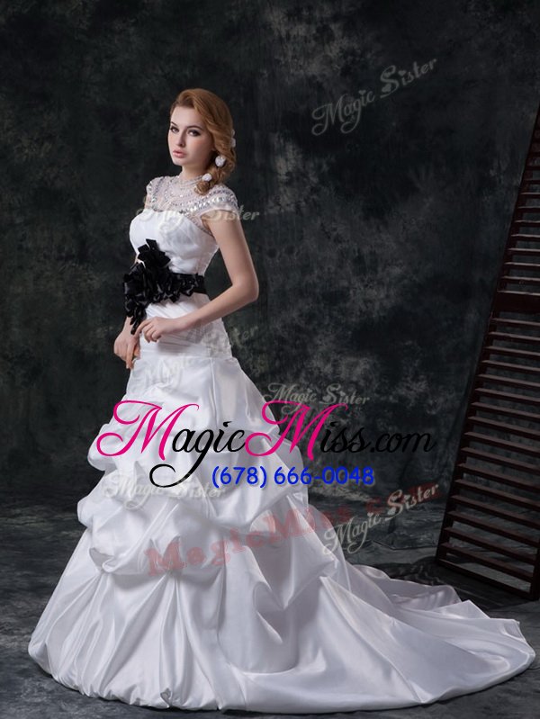 wholesale low price lace up wedding gowns white and in for wedding party with beading and ruching and pick ups and hand made flower brush train