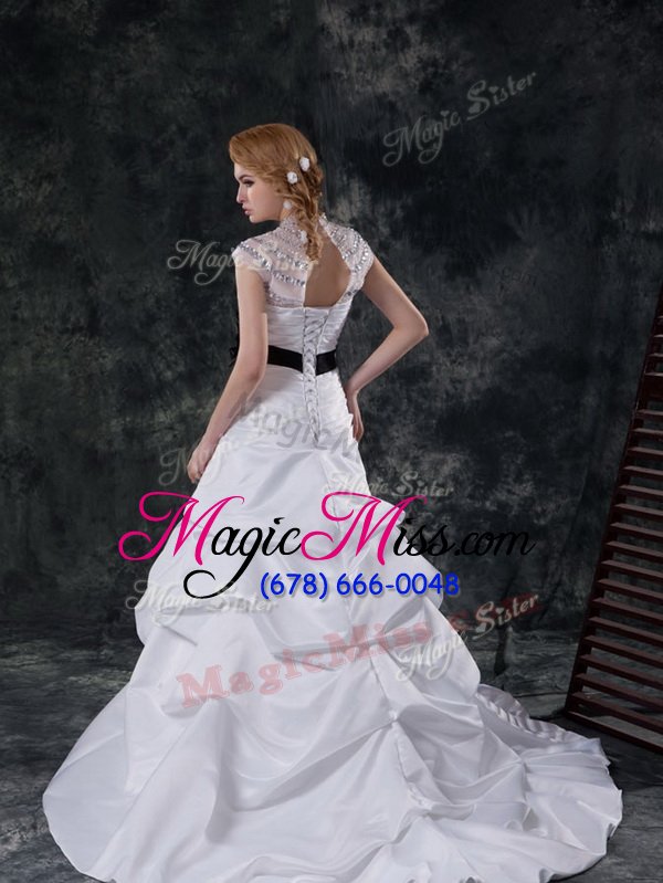wholesale low price lace up wedding gowns white and in for wedding party with beading and ruching and pick ups and hand made flower brush train