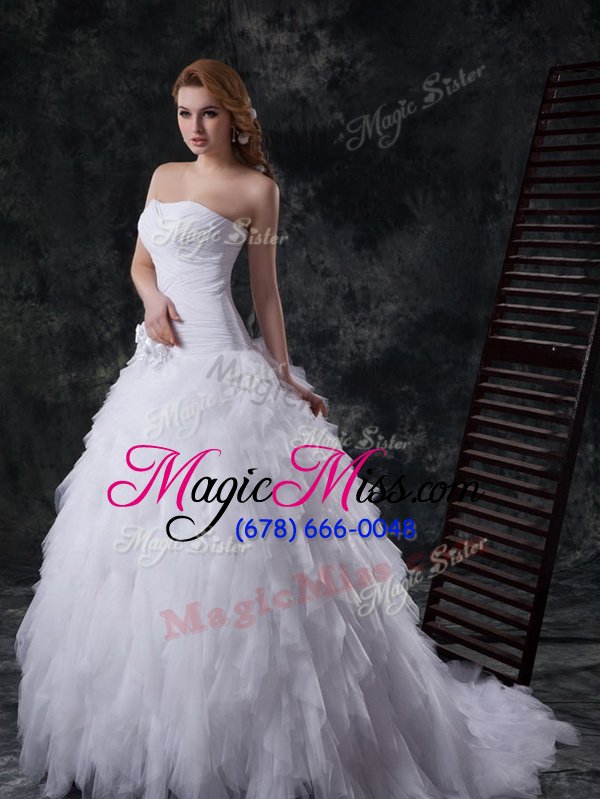 wholesale fashionable white lace up wedding gowns beading and ruffles and ruching and hand made flower sleeveless with brush train
