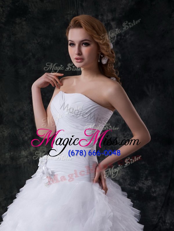 wholesale fashionable white lace up wedding gowns beading and ruffles and ruching and hand made flower sleeveless with brush train