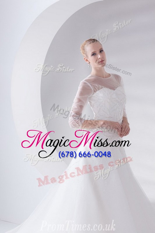 wholesale most popular scoop 3|4 length sleeve wedding dress with brush train appliques white tulle