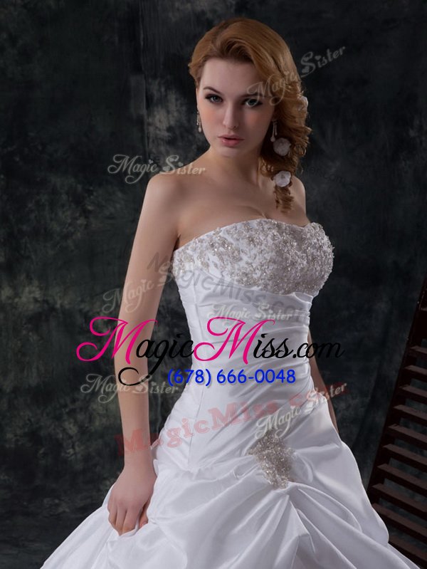 wholesale high end white taffeta zipper sweetheart sleeveless with train wedding dresses brush train beading and pick ups