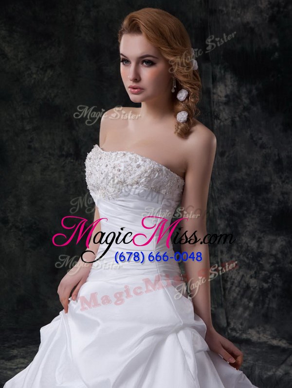 wholesale high end white taffeta zipper sweetheart sleeveless with train wedding dresses brush train beading and pick ups