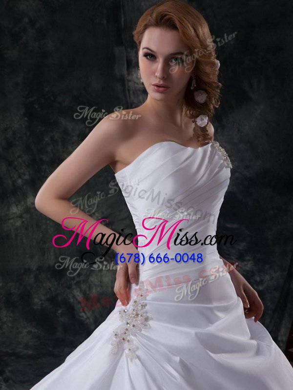 wholesale fantastic one shoulder beading and pick ups wedding dresses white lace up sleeveless with brush train