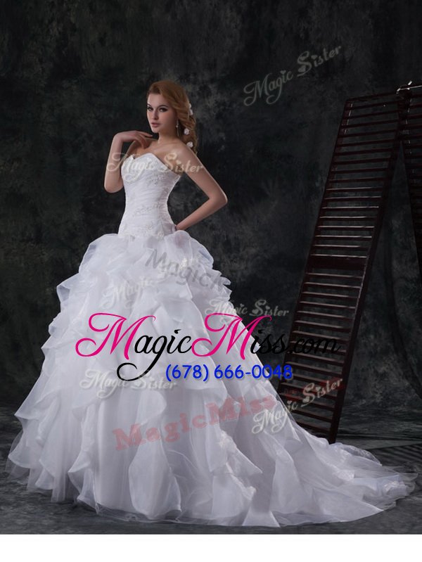 wholesale dazzling sleeveless organza with brush train lace up bridal gown in white for with beading and appliques and ruffles