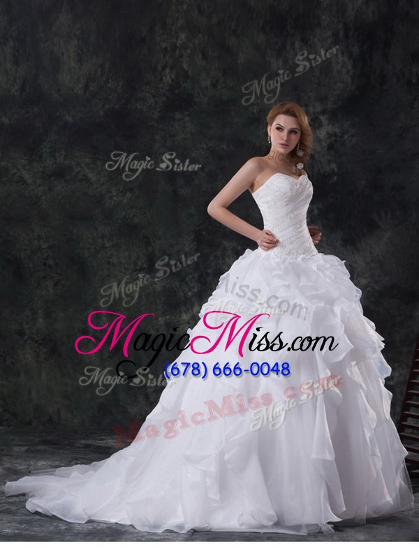 wholesale dazzling sleeveless organza with brush train lace up bridal gown in white for with beading and appliques and ruffles