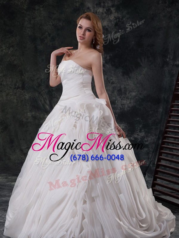 wholesale lovely sleeveless brush train ruching lace up wedding gown