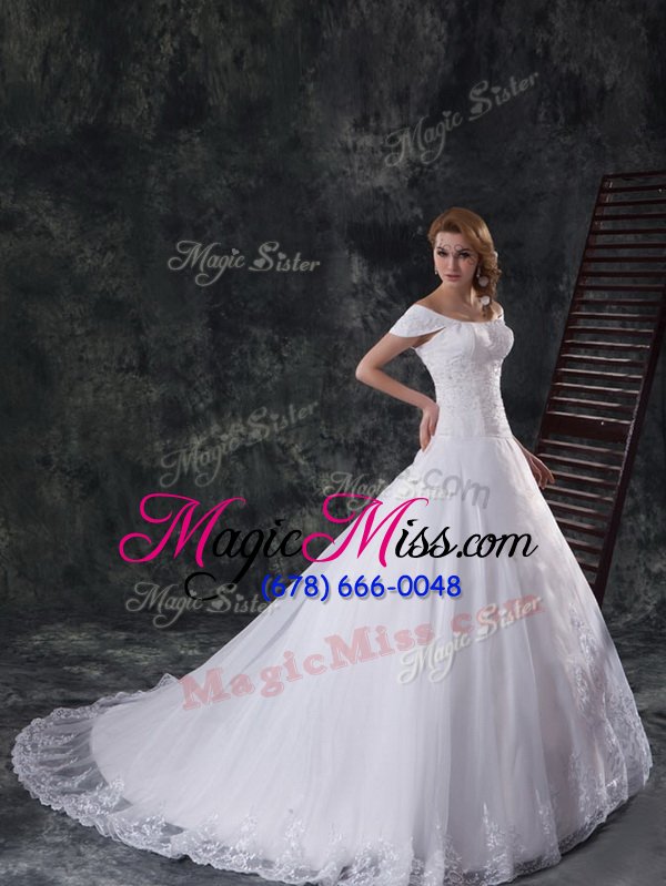 wholesale super white off the shoulder lace up beading and lace and embroidery bridal gown brush train cap sleeves