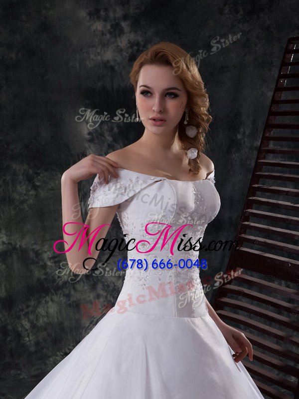 wholesale super white off the shoulder lace up beading and lace and embroidery bridal gown brush train cap sleeves