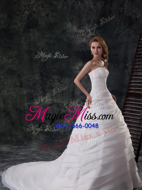wholesale ideal beading and appliques and ruffled layers wedding gowns white lace up sleeveless with brush train