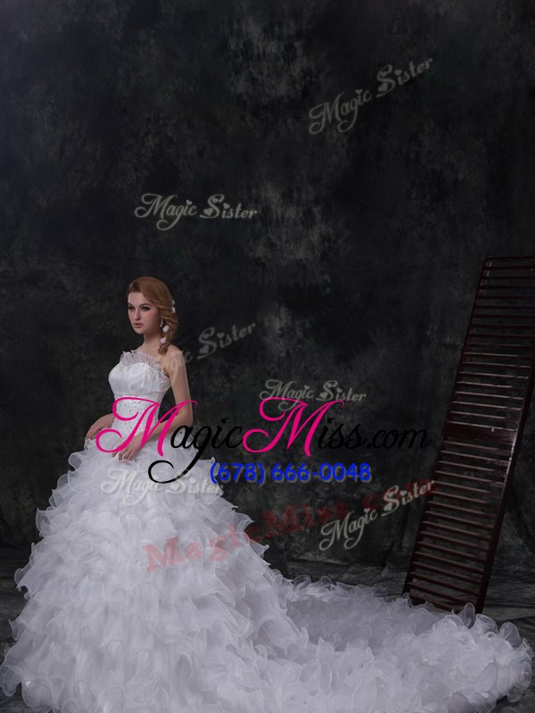 wholesale scoop sleeveless beading and ruffles lace up wedding gowns with white chapel train