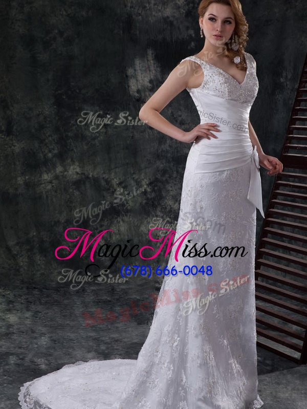 wholesale edgy white column/sheath lace v-neck sleeveless beading and lace and appliques and ruching and bowknot lace up wedding dresses brush train
