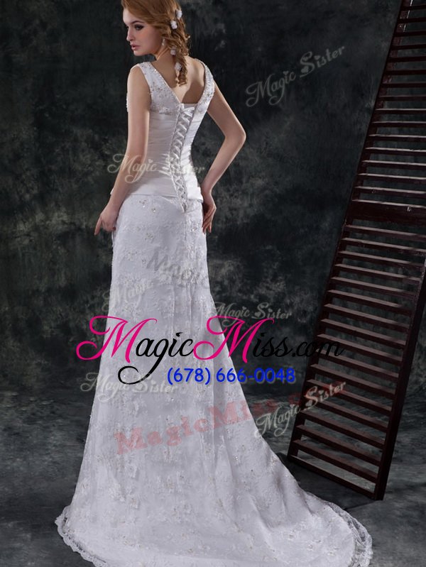wholesale edgy white column/sheath lace v-neck sleeveless beading and lace and appliques and ruching and bowknot lace up wedding dresses brush train
