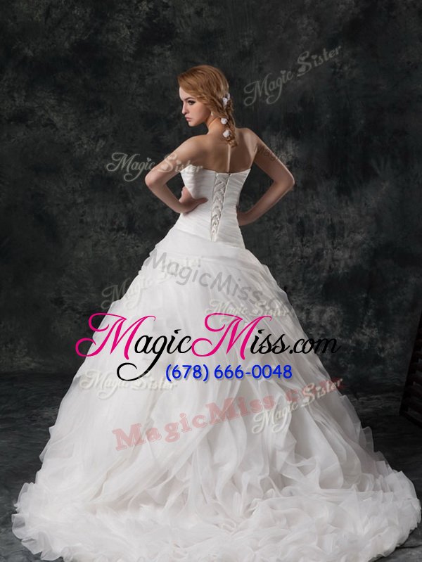 wholesale vintage white a-line organza v-neck sleeveless ruffled layers and hand made flower lace up wedding gowns brush train