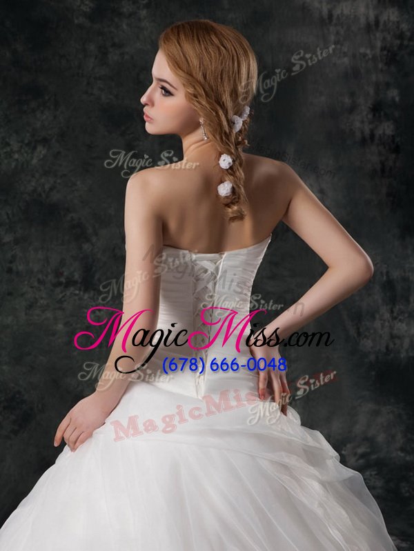 wholesale vintage white a-line organza v-neck sleeveless ruffled layers and hand made flower lace up wedding gowns brush train
