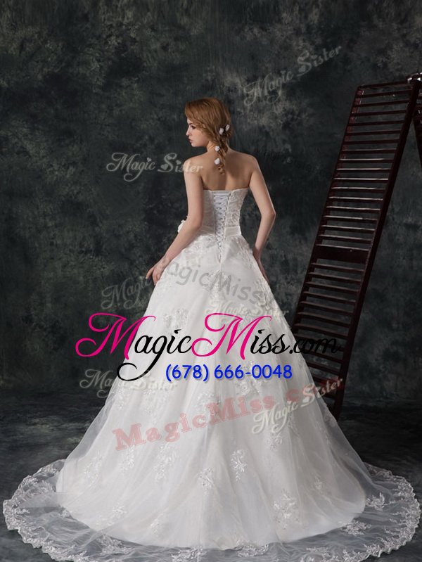 wholesale sleeveless lace court train lace up wedding dress in white for with beading and appliques and hand made flower