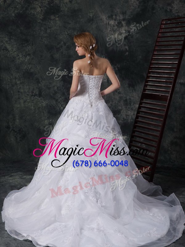 wholesale pretty sleeveless organza court train lace up wedding gowns in white for with beading and lace and appliques