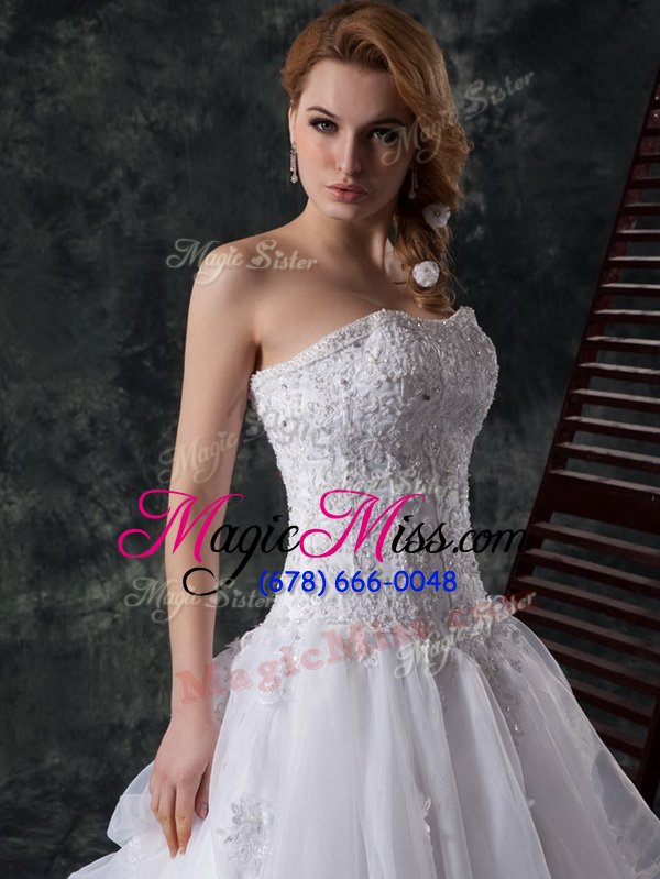 wholesale pretty sleeveless organza court train lace up wedding gowns in white for with beading and lace and appliques