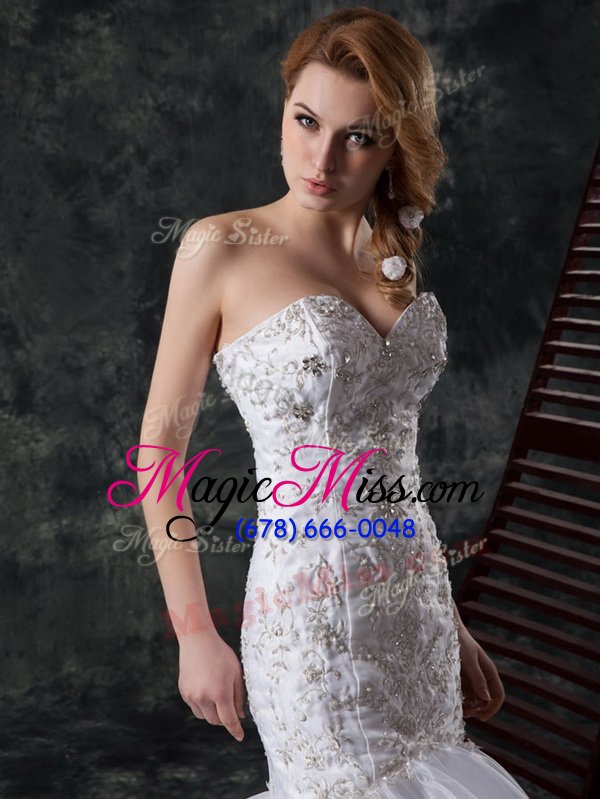 wholesale white mermaid beading and appliques and ruffles wedding dresses lace up organza sleeveless