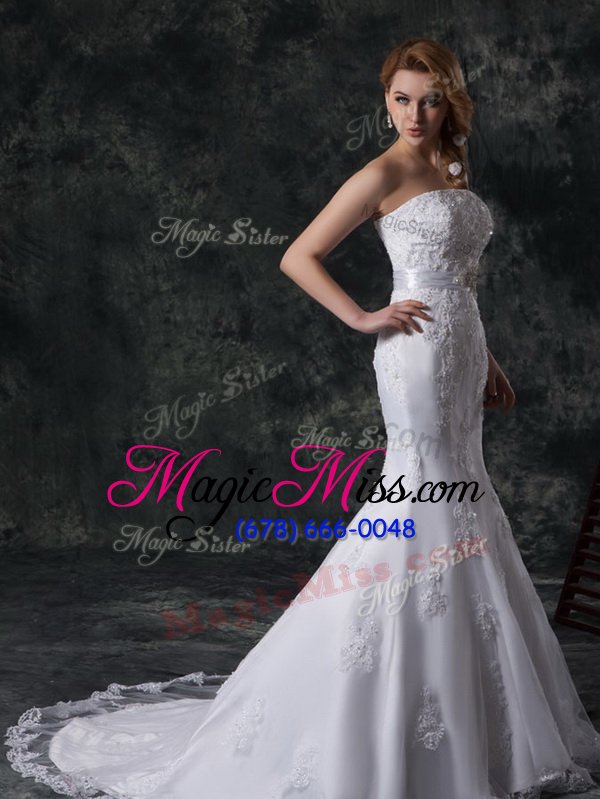 wholesale glittering mermaid wedding dress white strapless lace sleeveless lace up