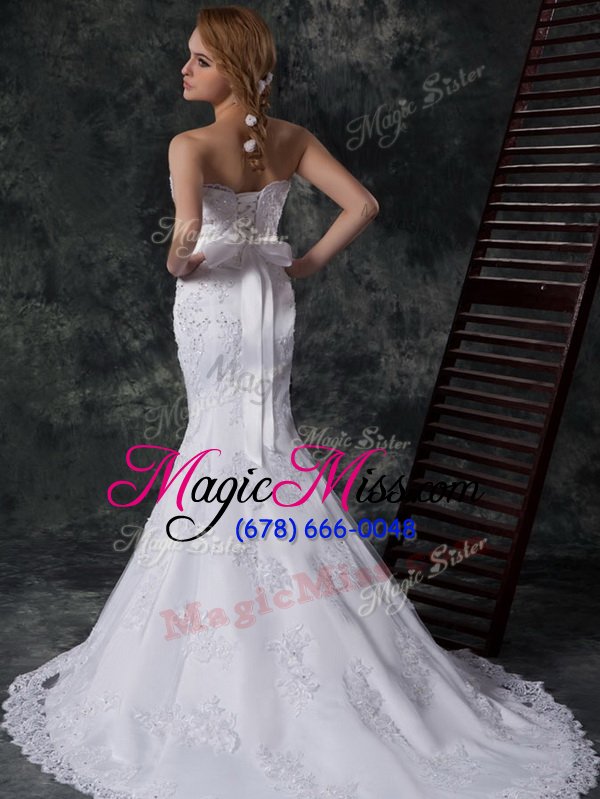 wholesale superior mermaid white lace up sweetheart beading and appliques and bowknot and belt wedding gowns lace sleeveless brush train