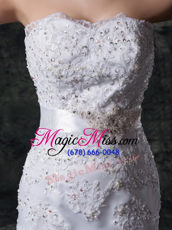 wholesale superior mermaid white lace up sweetheart beading and appliques and bowknot and belt wedding gowns lace sleeveless brush train