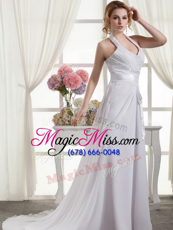 wholesale clearance white chiffon lace up halter top sleeveless wedding dresses lace and appliques and ruching and bowknot