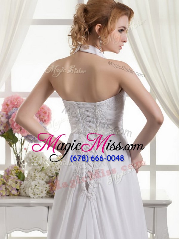 wholesale clearance white chiffon lace up halter top sleeveless wedding dresses lace and appliques and ruching and bowknot