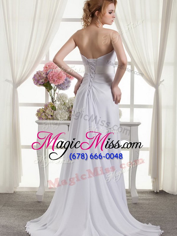 wholesale fabulous white column/sheath beading and ruching bridal gown lace up chiffon sleeveless